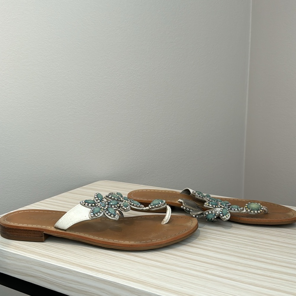Ivanka Trump Tan Sandals with Aqua Floral Gem Accents - Picture 3 of 9